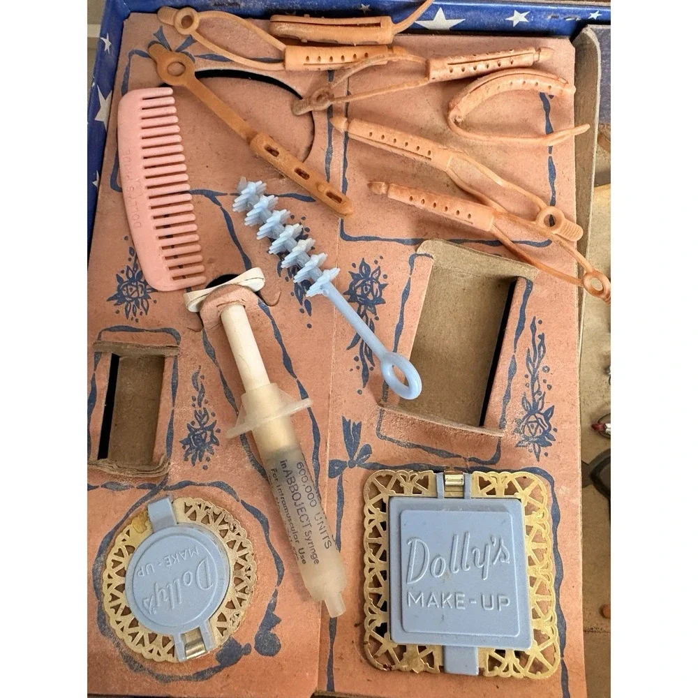 Vintage 1950s Hasbro Jr Miss Cosmetic Kit Box Toy Makeup Doll Hair Curlers Lot